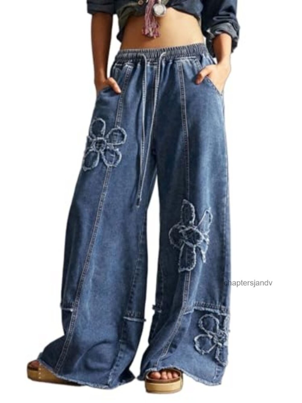 CHARTOU Baggy Wide Leg High Rise Drawstring Floral Patchwork Jeans